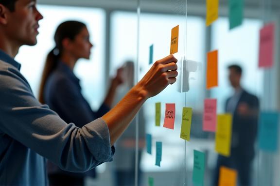 A close-up of a team brainstorming with sticky notes on a glass wall.