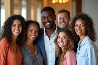 A diverse group of people posing together for a team photo.