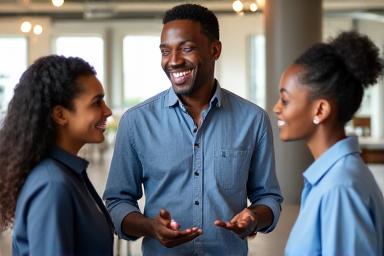 A group of happy employees collaborating.