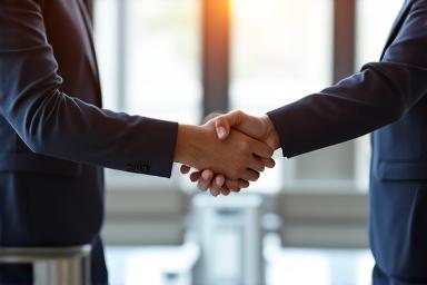 A welcoming handshake in an office setting.